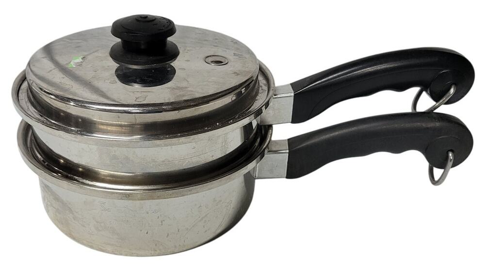 🍲Vintage Saladmaster 3 Pc Multi-Ply Stainless Fry Pot Steamer Double Boiler Lid